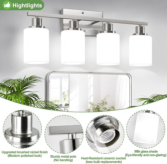 Indoi 4-Light Bathroom Light Fixtures, Brushed Nickel Vanity Lights - Image 4