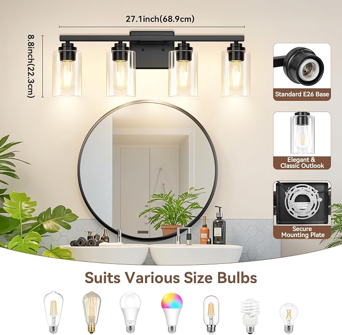 VerRon 4 Lights Bathroom Light Fixtures, Matte Black Modern Vanity Lights Over - Image 8