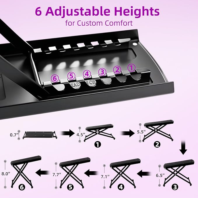 Pedicure Foot Rest, 6 Heights Adjustable Foot Stool, Metal Foldable Non-Slip - Image 4