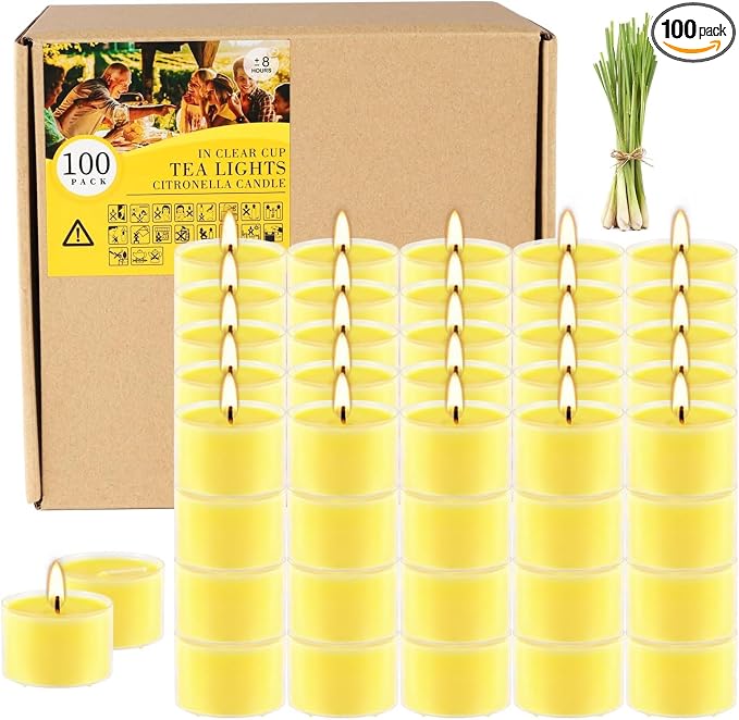 100 Pack Clear Tea Lights Candles Bulk, Summer Citronella Candle Outdoor and by YIH