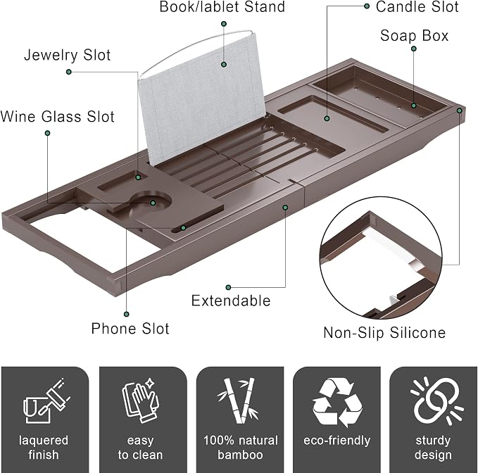 Foldable Bathtub Caddy Tray for Tub, Bamboo Expandable Bath Table Trays - Image 5