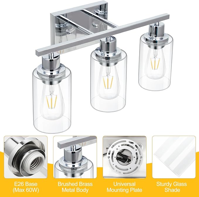 3 Light Vanity Light Fixtures, Polished Chrome Bathroom Wall Sconces, Modern - Image 5