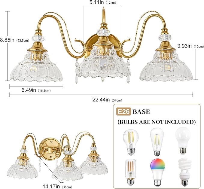 Vintage Bathroom Vanity Light, 3-Light Brushed Gold Finish Wall Sconce - Image 6