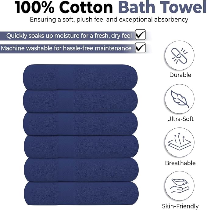 KAHAF COLLECTION 6 Pack Bath Towels Set 100% Ring Spun Cotton, Lightweight - Image 2