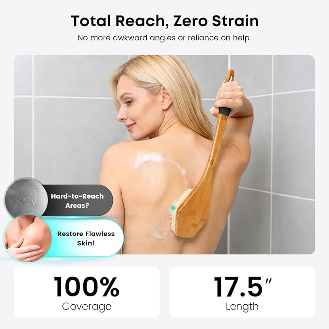 eaxun Bamboo Back Brush with Curved Long Handle, 17.5 Inches Shower Back - Image 3