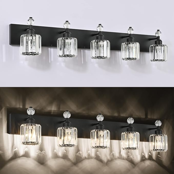 PRESDE 5-Light Crystal Bathroom Vanity Light Modern Matte Black Bathroom Lights - Image 5