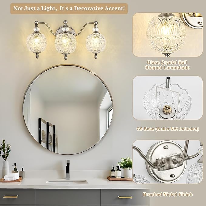 Brushed Nickel Bathroom Vanity Light, 3-Light Mid Century Modern Brushed Nickel - Image 4