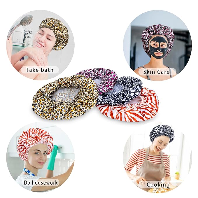 4 PCS Shower Caps for Women, Elastic and Reusable Bath Caps, Double Waterproof - Image 5