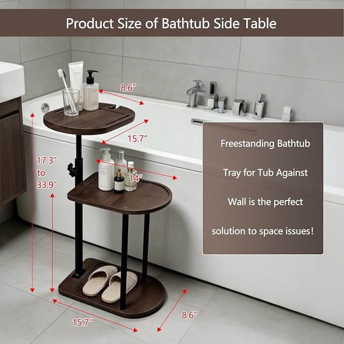 3 Layer Bathtub Tray Table, Bamboo Swivel Bathtub Side Table Height Adjustable - Image 2