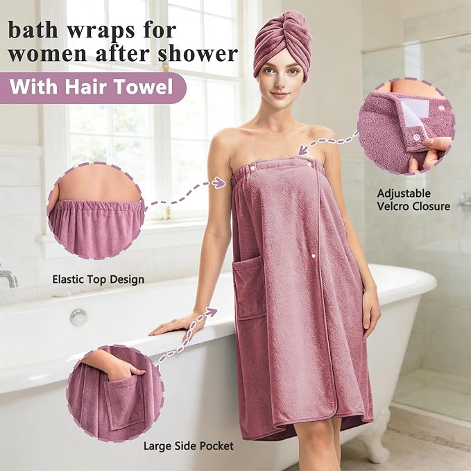 Women’s Adjustable Spa Wrap Towel Set, Microfiber Body Wrap Bathrobe - Image 3