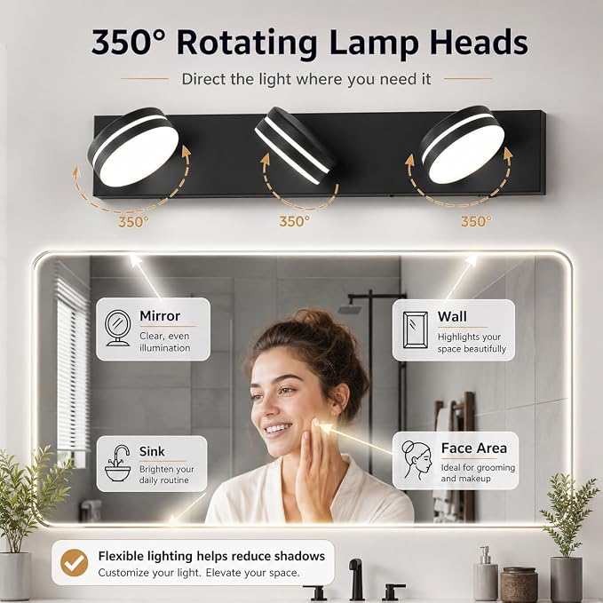 3-Light Bathroom Vanity Light Over Mirror, Matte Black LED Vanity Lighting - Image 8