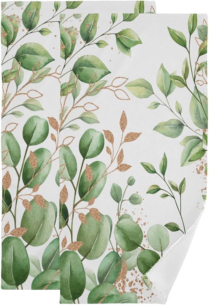 Green Gold White Leaves Hand Towels by Unknown