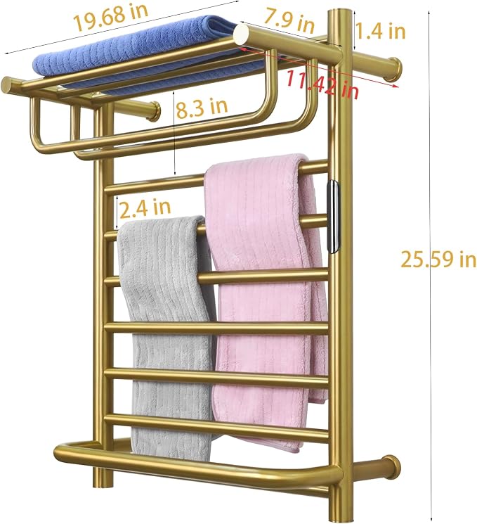 Gold Wall Mounted Heated Towel Rack, Timer & Temperature Control Electric Towel - Image 3