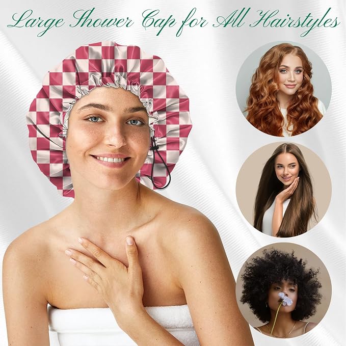 2 PCS Shower Cap Waterproof Double Layer Elastic Adjustable Reusable Hair Bath - Image 4