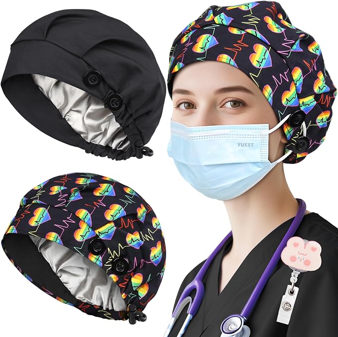 2 Pack Satin Lined Bouffant Scrub Caps by Yuest
