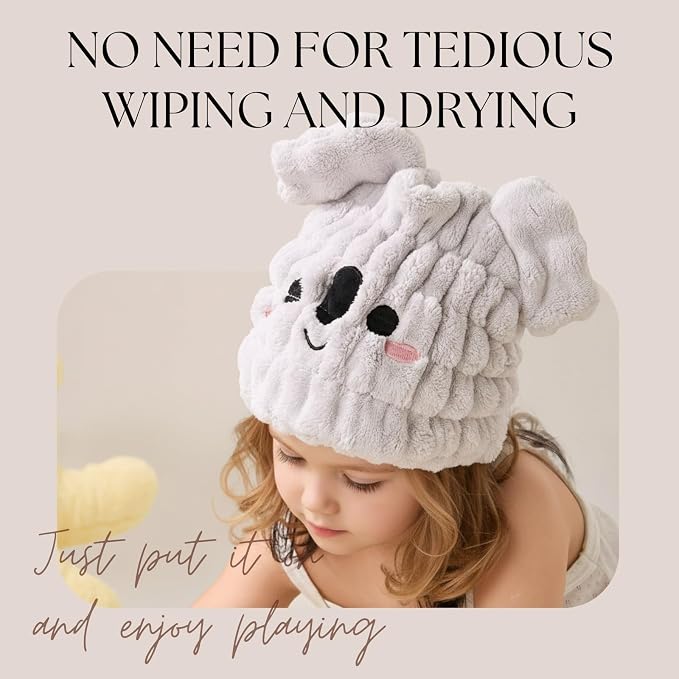 Microfiber Hair Towel Wrap for Kids, Koala Dry Hair Cap Suck Water, Absorbent - Image 4