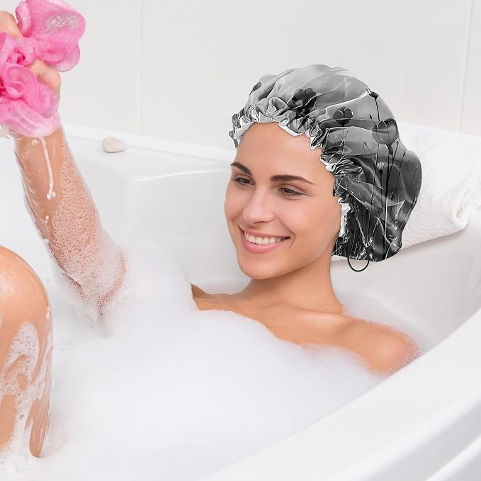 2 PCS Shower Cap Waterproof Double Layer Elastic Adjustable Reusable Hair Bath - Image 7