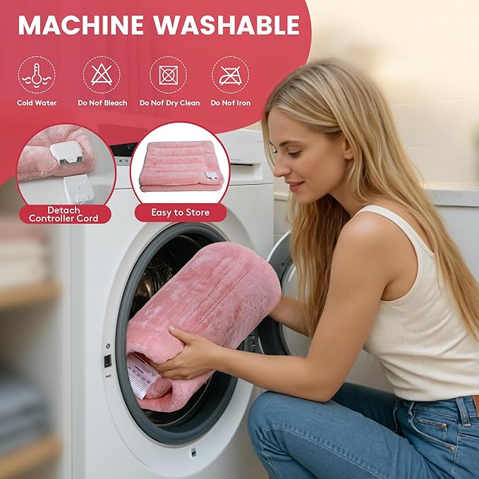 UTK Pink Heating Pad for Back Pain Relief, Soft Flannel Machine Washable Fabric - Image 5