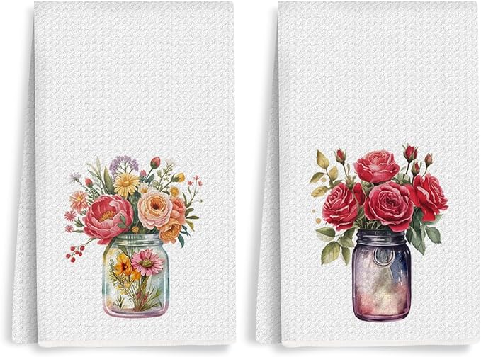 2PCS Watercolor Rose Kitchen Towels, Flower Vase Glass Waffle Weave Dish Tea by Unknown