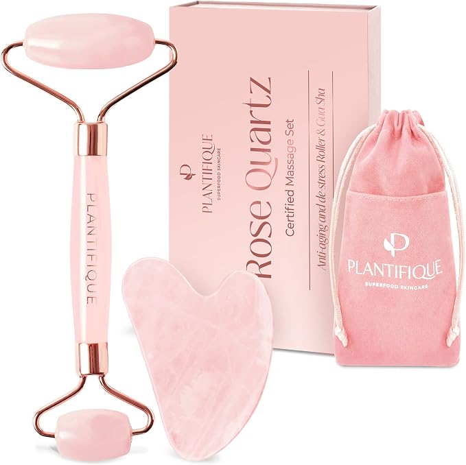 PLANTIFIQUE Face Roller and Gua Sha Rose Quartz Certified | Gifts | Guasha Tool by Plantifique