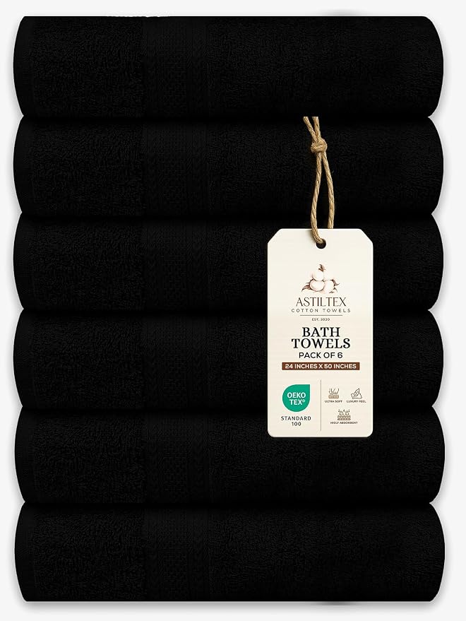 Large Bath Towels Pack of 6 – 24" x 50", 100% Cotton Terry – Soft, Quick-Dry & by ASTILTEXCottonTowels
