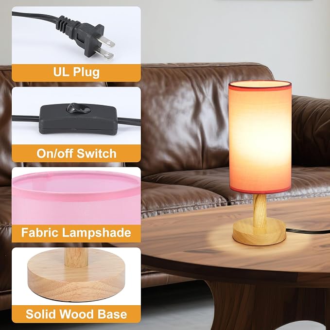 Pink Small Bedside Table Lamp for Bedroom, Natural Round Wood Base&Fabric Linen - Image 5