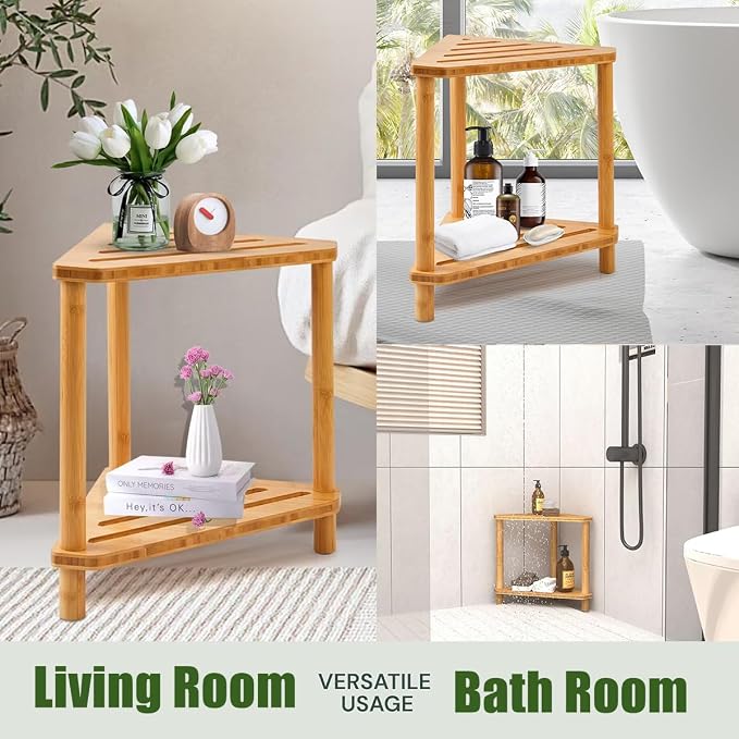 Bamboo Corner Shower Stool, 2-Tier Waterproof Shower Stool - Image 7