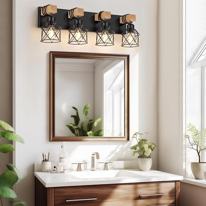 FadimiKoo 4-Light Rustic Style Wood Bathroom Vanity Light Fixtures, Farmhouse - Image 4