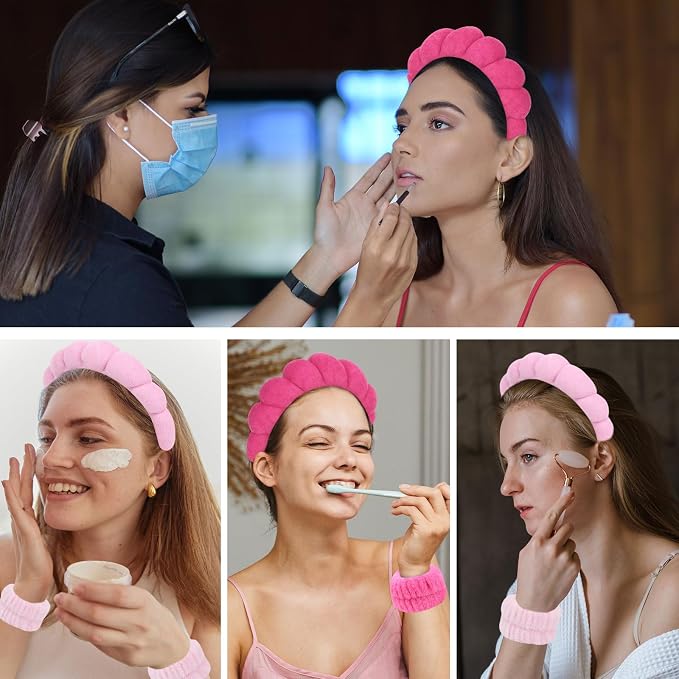 6Pcs Spa Headband and Wrist Washband Set, Skincare Makeup Headband, Sponge Face - Image 5