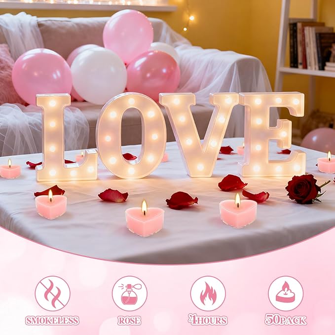 Valentine's Gift 50 PCS Heart Shaped Tea Light Candles, Rose Scented 4-Hour - Image 3