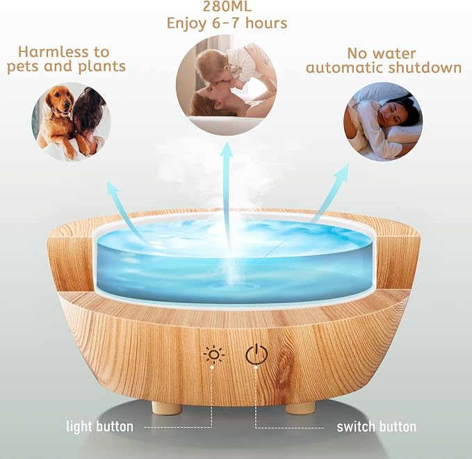 Glass Essential Oil Diffuser Wood Grain Base, 280ml Aromatherapy Diffusers Cool - Image 5