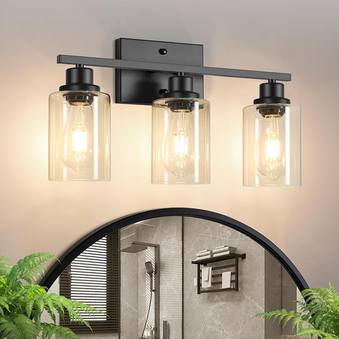 Ascher Bathroom Light Fixtures, 3-Light Vanity Light Over Mirror, Matte Black by Ascher