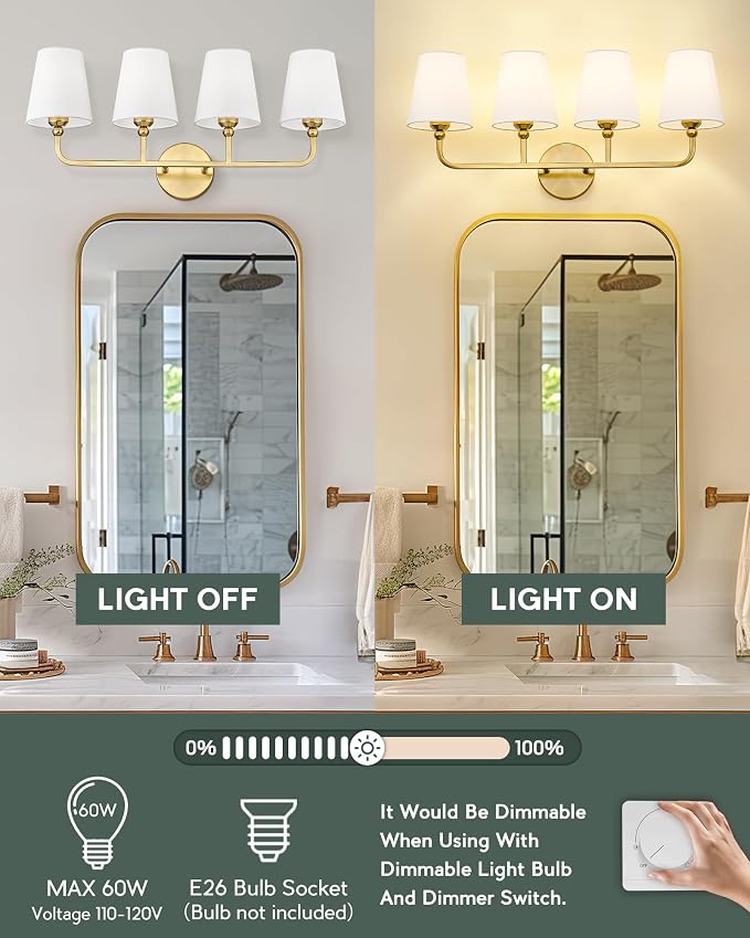 Bathroom Light Fixtures, 4 Light Brushed Gold Vanity Lights - Image 6