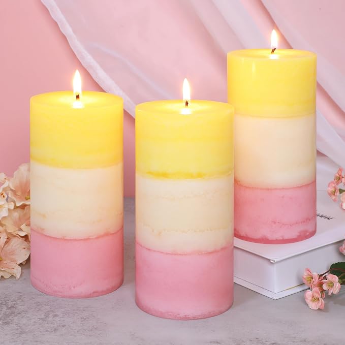 Sweet Honeysuckle Scented 3x6 Inch Pillar Candles Yellow White Pink Layered - Image 6