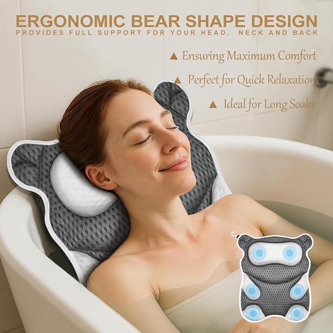 Bath Pillow for Tub Ergonomic Bear Shape Design Bath Pillow for Head and Neck - Image 3