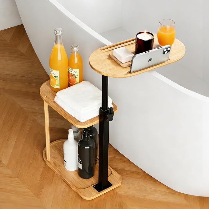 3-Tier Freestanding Bathtub Tray Table, Adjustable Bamboo Bath Caddy by Unknown