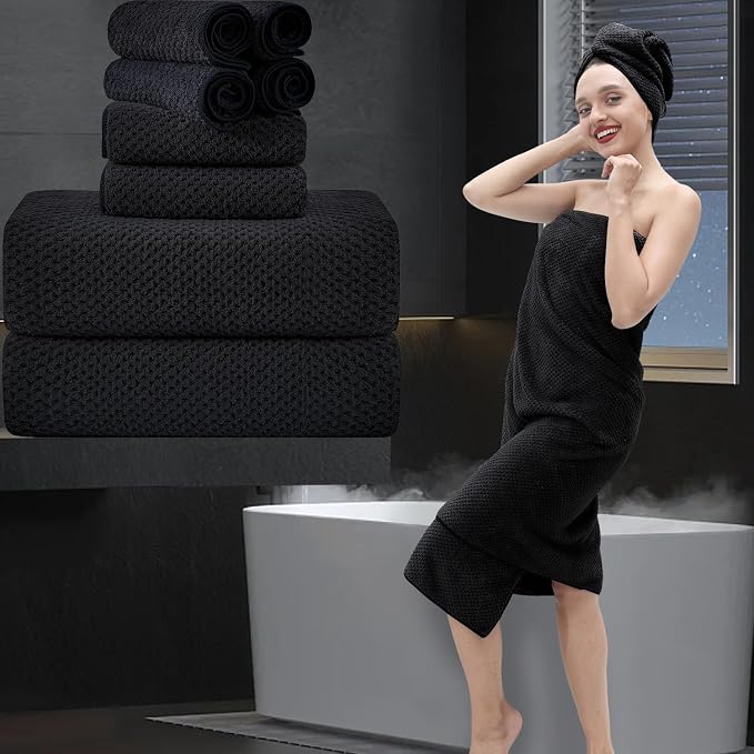 8 Piece Bathroom Towel Set Black |2 Oversized Large Bath Towels Sheet, 2 Hand by MAGGEA
