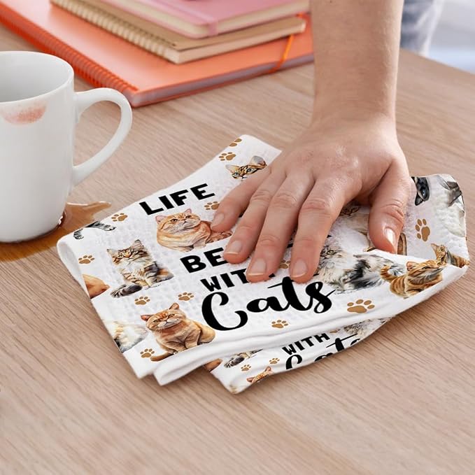 2PCS Cute Cat Kitchen Towels, Cat Themed Gifts Reusable Absorbent Waffle Weave - Image 5