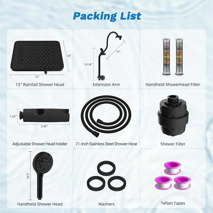 Hibbent 5-spray Dual Filtered Rainfall Shower Head Combo, High Pressure 13'' - Image 9
