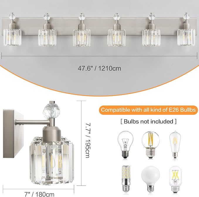 PRESDE Crystal 6-Light Bathroom Vanity Light Fixtures Brushed Nickel Modern - Image 3