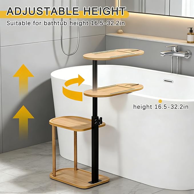 3-Tier Freestanding Bathtub Tray Table, Adjustable Bamboo Bath Caddy - Image 2