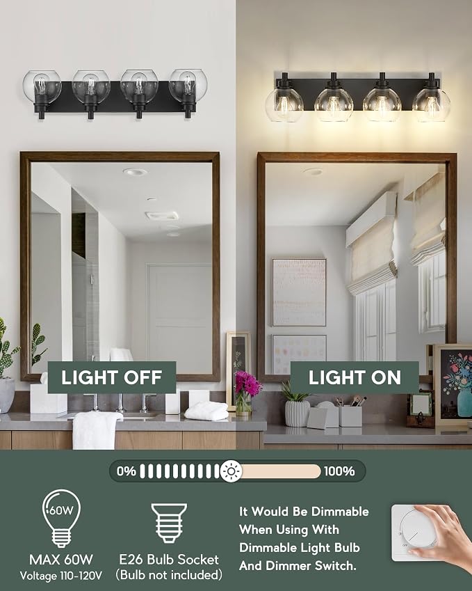Bathroom Light Fixtures, 4 Light Matte Black Vanity Light, 26 Inch Modern Wall - Image 4