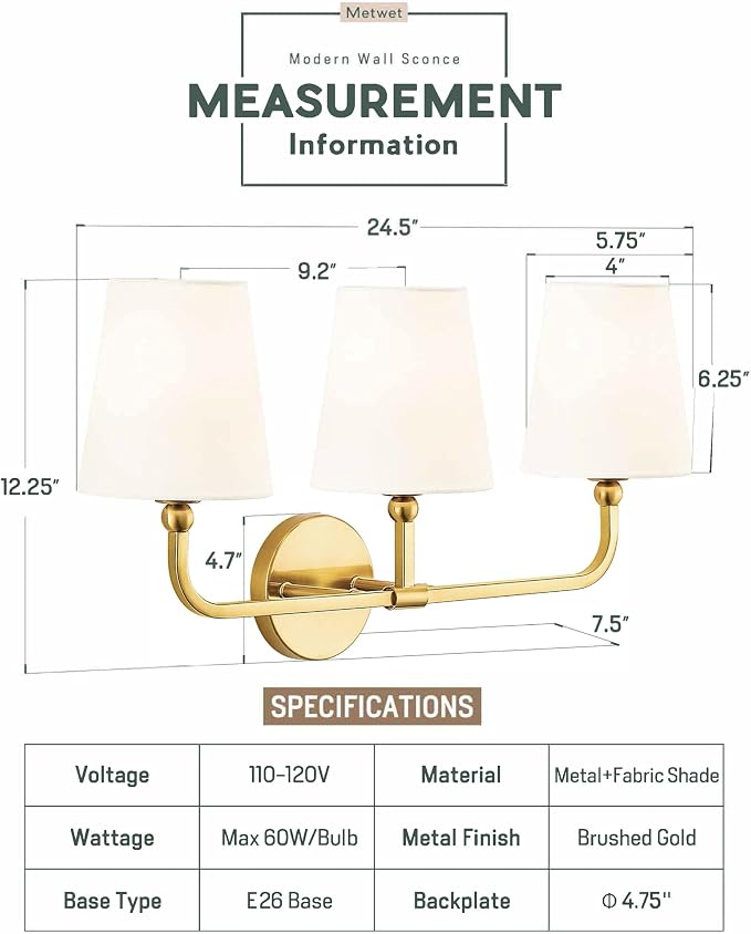 Bathroom Light Fixtures, Brushed Gold Vanity Lights - Image 3