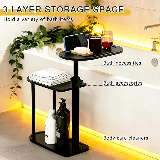 3-Tier Freestanding Bathtub Tray Table, Bamboo Swivel Bathtub Side Table - Image 4