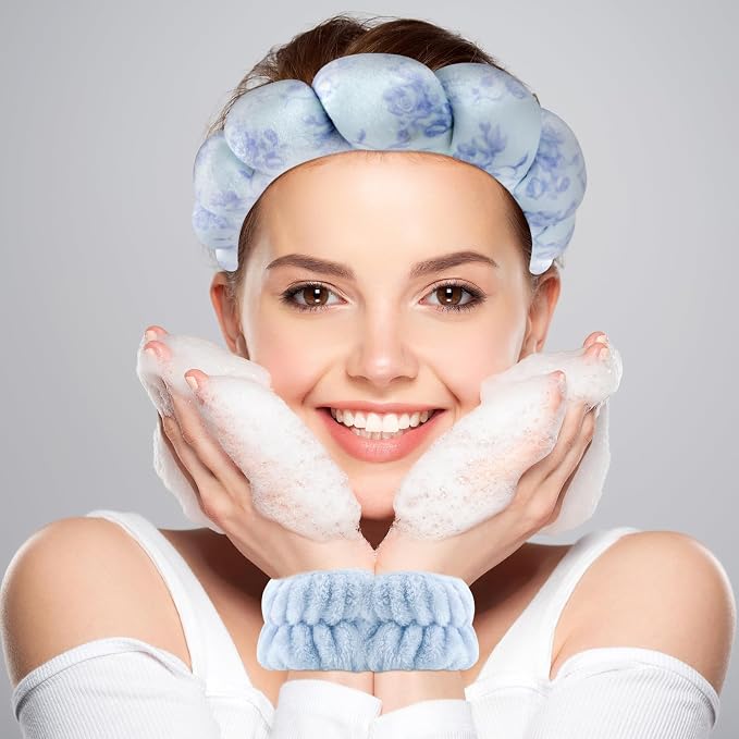 Zkptops Spa Headband for Washing Face Wristband Set Flower Sponge Makeup - Image 2