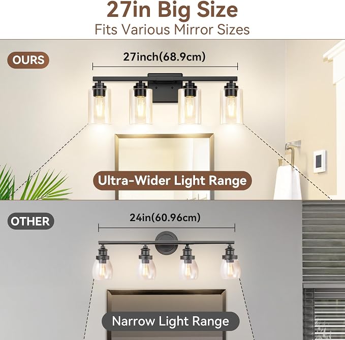 VerRon 4 Lights Bathroom Light Fixtures, Matte Black Modern Vanity Lights Over - Image 6