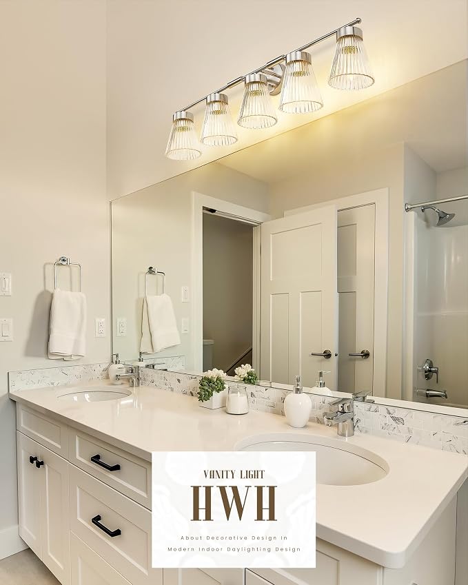 Brushed Nickel Bathroom Vanity Light, HWH 5-Light Bathroom Light Fixtures - Image 6