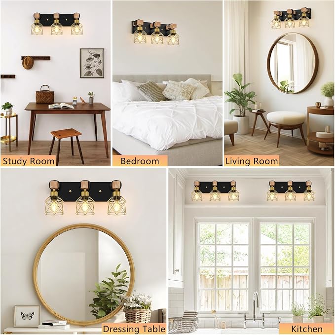 FadimiKoo Black and Gold Vanity Light, 3-Light Farmhouse Vanity Light, Bathroom - Image 6
