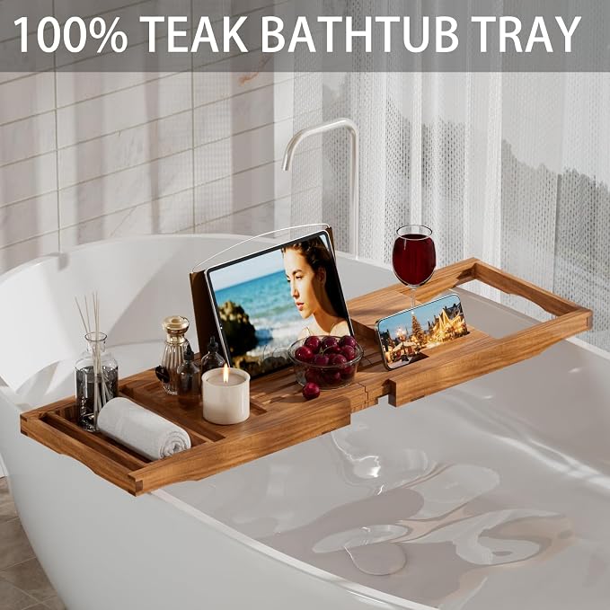 Premium Teak Bathtub Tray Caddy, Expandable Wooden Bath Tray - Image 2