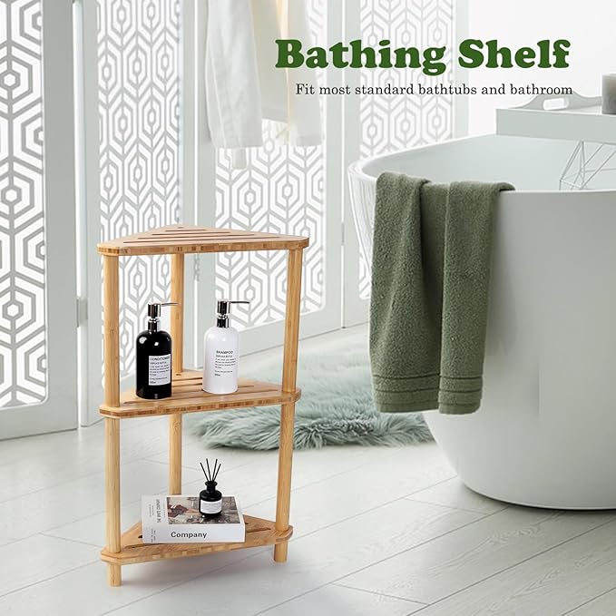 Bamboo Corner Shower Caddy Stand 3-Tier Waterproof, Free Standing Bathroom - Image 4